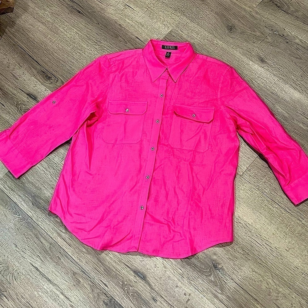 Women’s XL 100% Linen Pink Button Front Beach Vacation Lightweight Classic Shirt - Picture 1 of 9